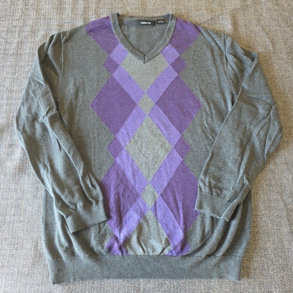 Claiborne Argyle Sweater Womens Purple Grey Size Large 100% Cotton